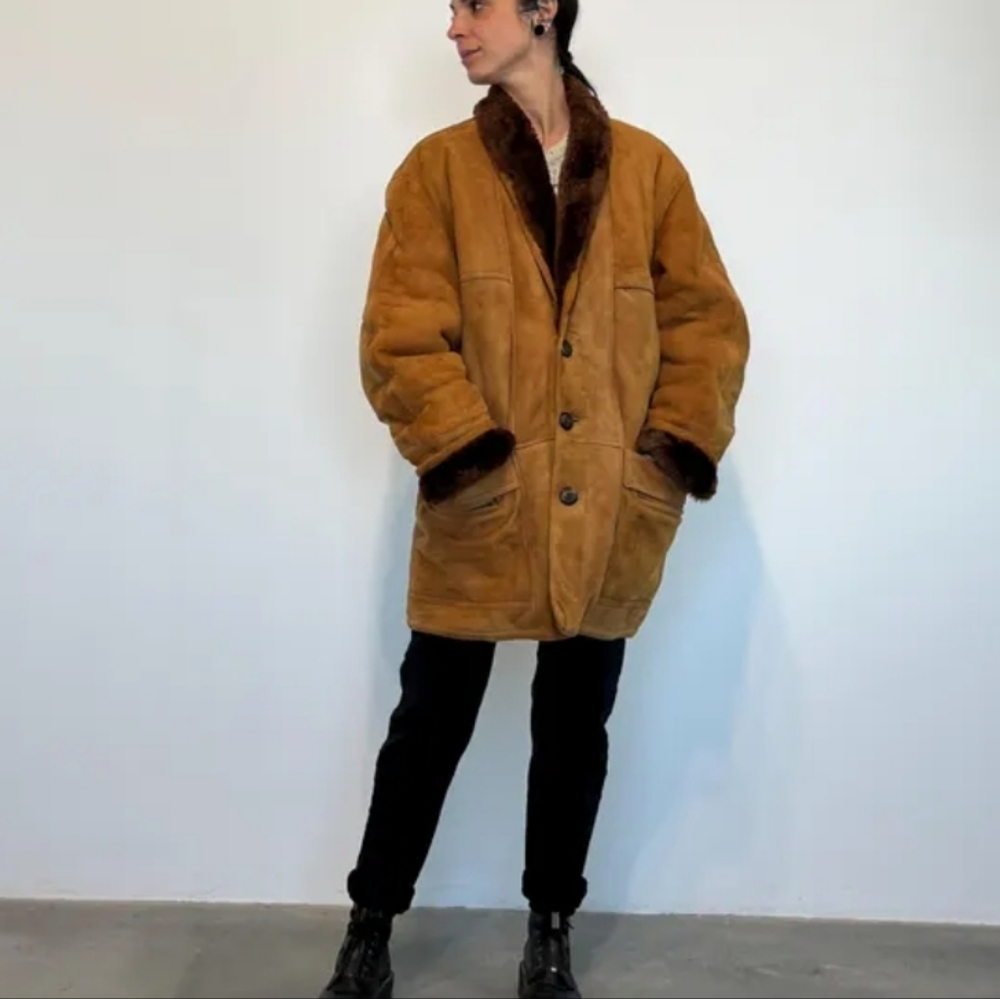 Vintage 70s Women's Tan Leather Shearling Coat - Picture 1 of 12